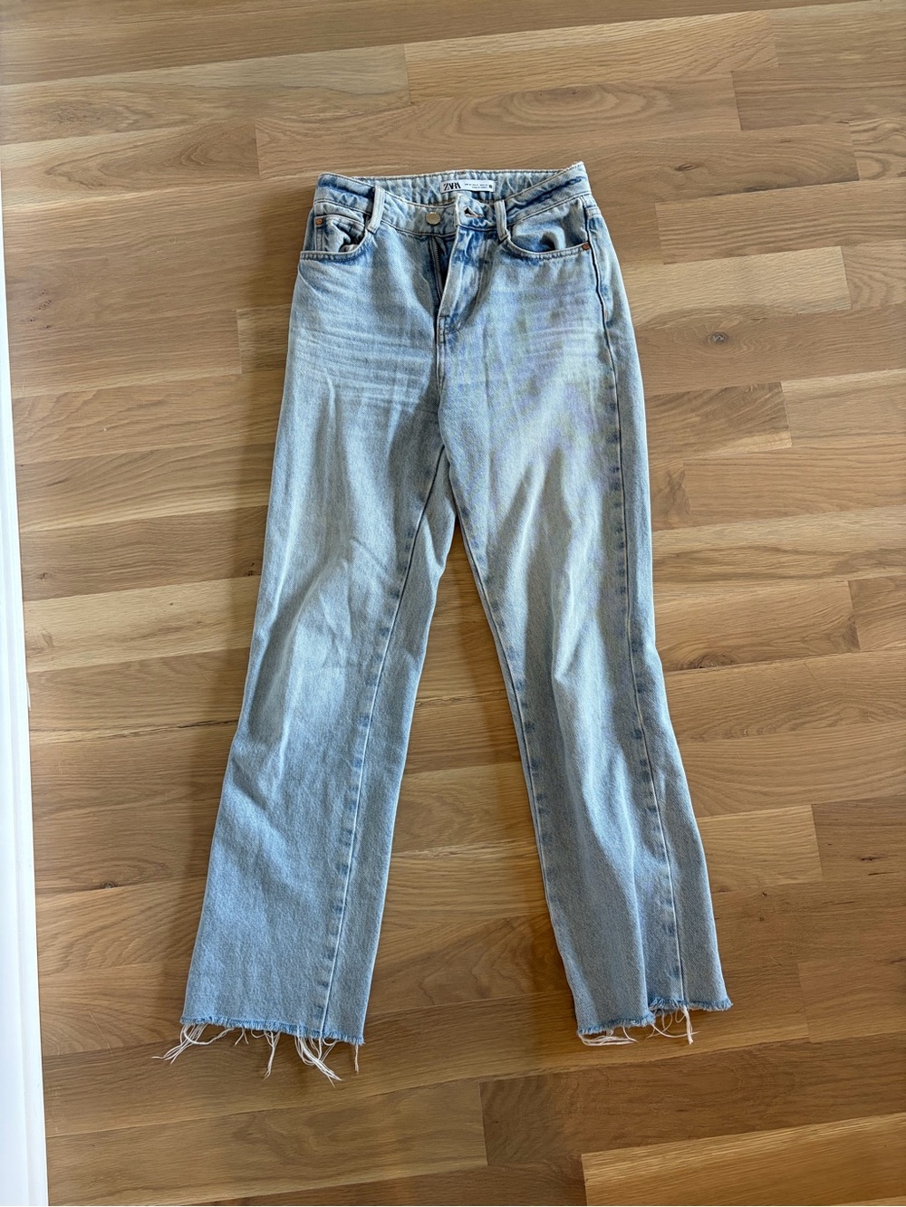 Zara Light Blue Straight Leg Jeans with Raw Hem